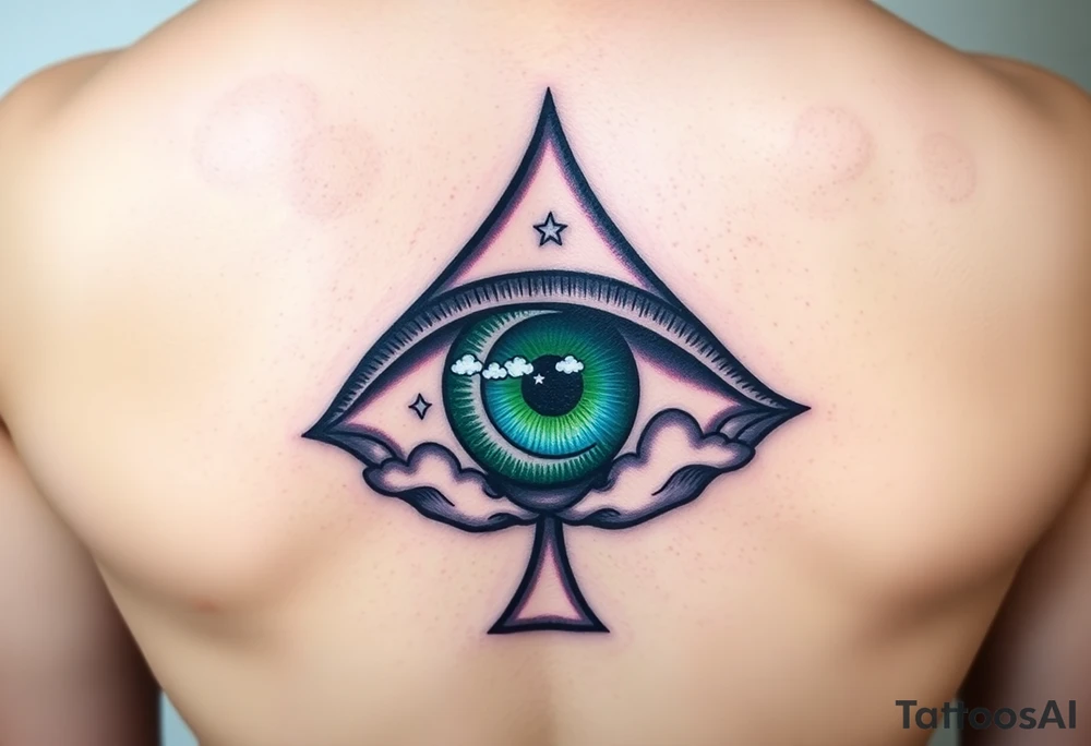 Large outline of an eye almond shaped with the eyeball part shaped like an ace of spades + eyecolor greenish blue with a crescent moon stars and clouds inside of the spade eyeball using vivid colora like green purple and blue tattoo idea
