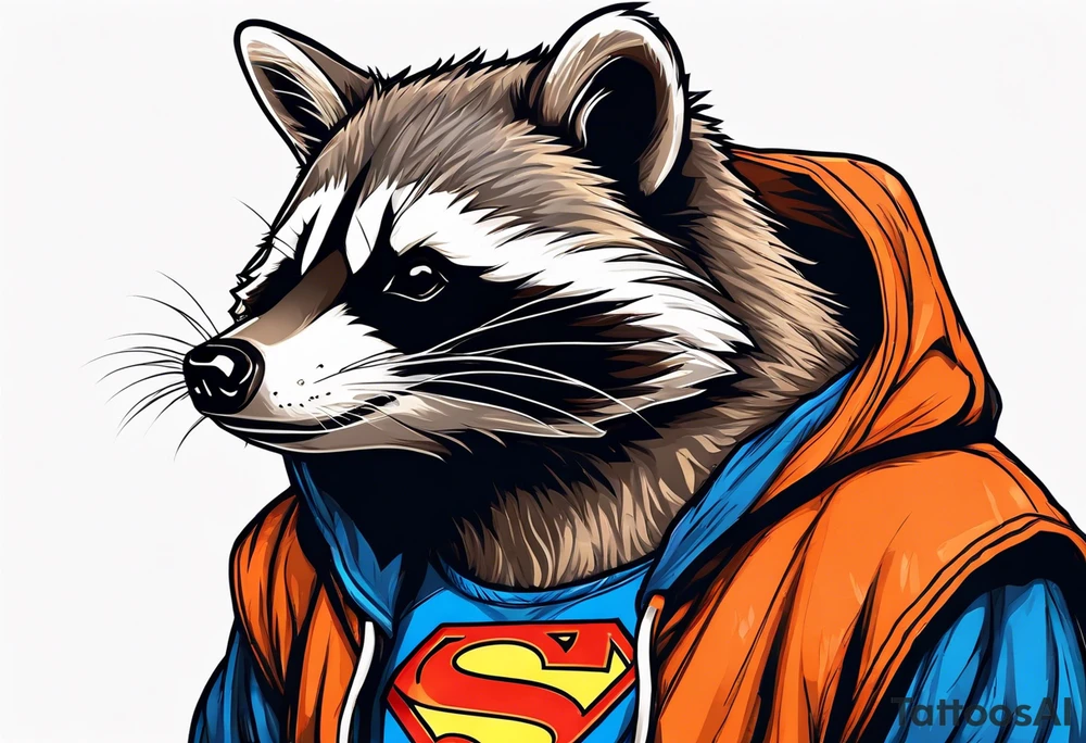Raccoon wearing an orange Superman hoodie tattoo idea
