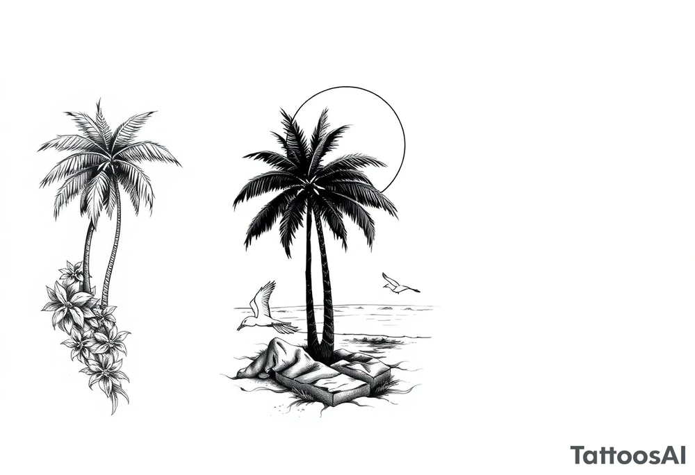 palm tree, sun, beach, birds tattoo idea