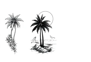 palm tree, sun, beach, birds tattoo idea