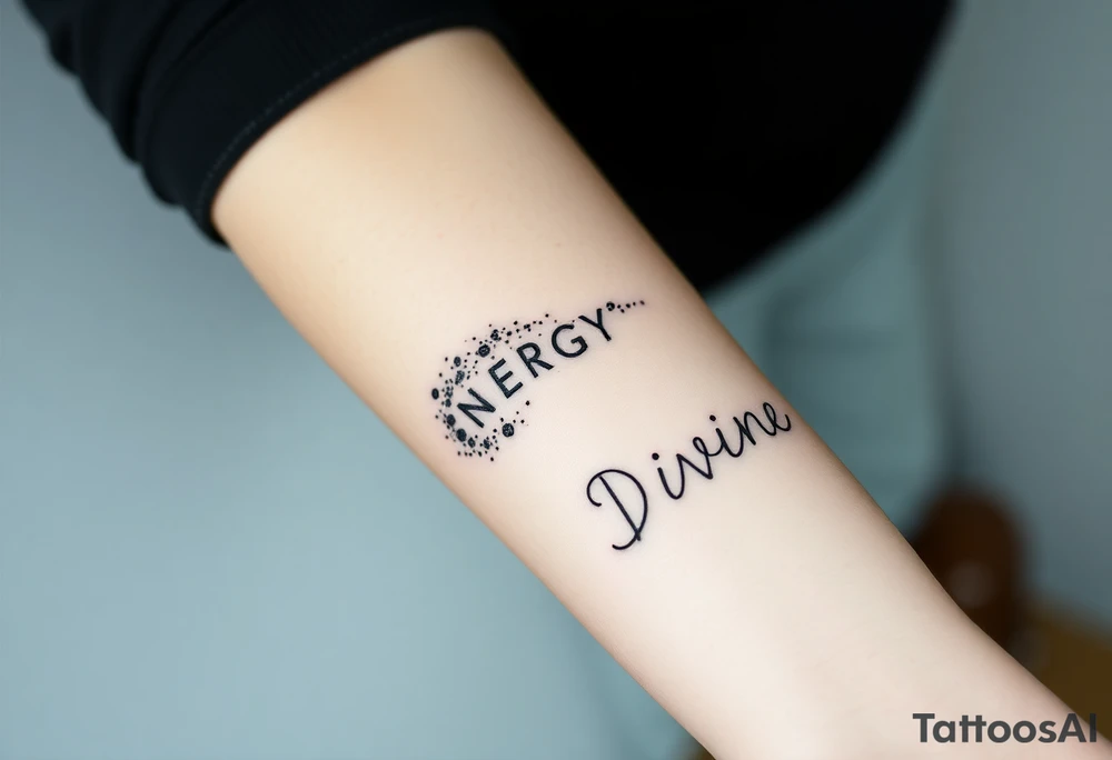 A minimalist blackwork dotwork tattoo featuring the word ‘ENERGY’ on the left arm, balancing with ‘DIVINE’ on the right. Surrounding ‘ENERGY’ is a swirling nebula, stardust, or a comet, designed with intricate dot shading and fine linework. The tattoo is realistic yet subtle, creating a cosmic, ethereal feel while keeping a clean, minimalist aesthetic. The elements flow naturally, complementing the shape of the arm without overpowering the text. tattoo idea