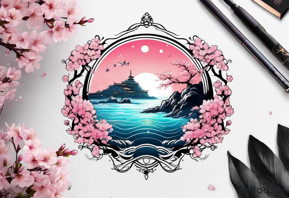 Neptune planet  with cherry blossom tattoo idea
