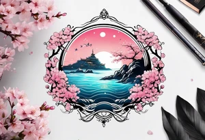 Neptune planet  with cherry blossom tattoo idea