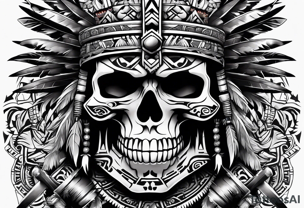 Aztec warrior skull with aztec symbols and weapons and tiger tattoo idea