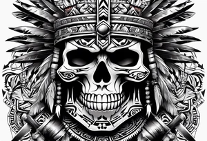 Aztec warrior skull with aztec symbols and weapons and tiger tattoo idea