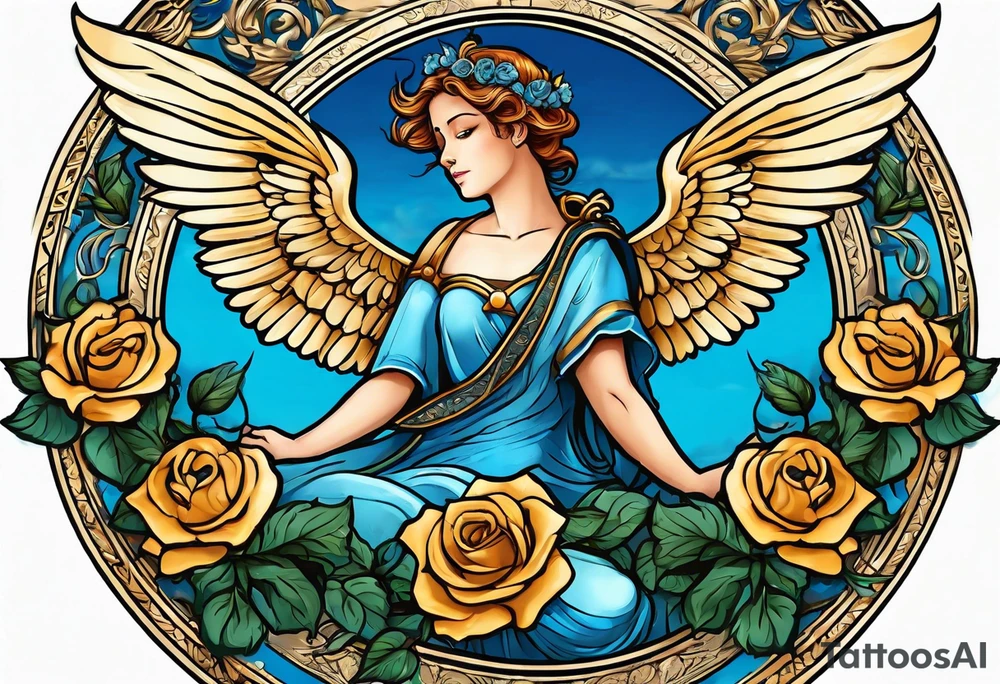 Cupio fly boy wings and a bow,, bacground sea ancient rome gods , blue roses frames tattoo idea