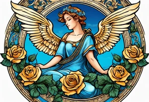 Cupio fly boy wings and a bow,, bacground sea ancient rome gods , blue roses frames tattoo idea