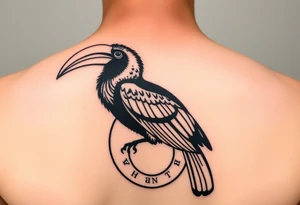 image of a Kalimantan ivory hornbill perched in a circle with a Dayak motif tattoo idea