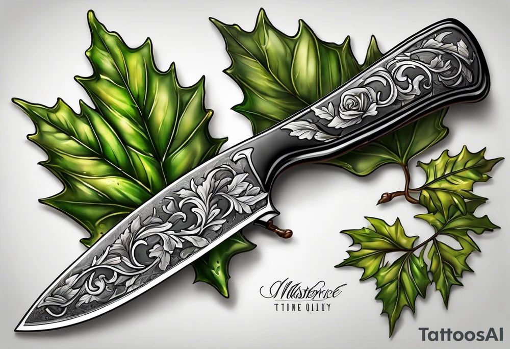 a straight razor lies in oak leaves. tattoo idea