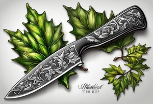 a straight razor lies in oak leaves. tattoo idea