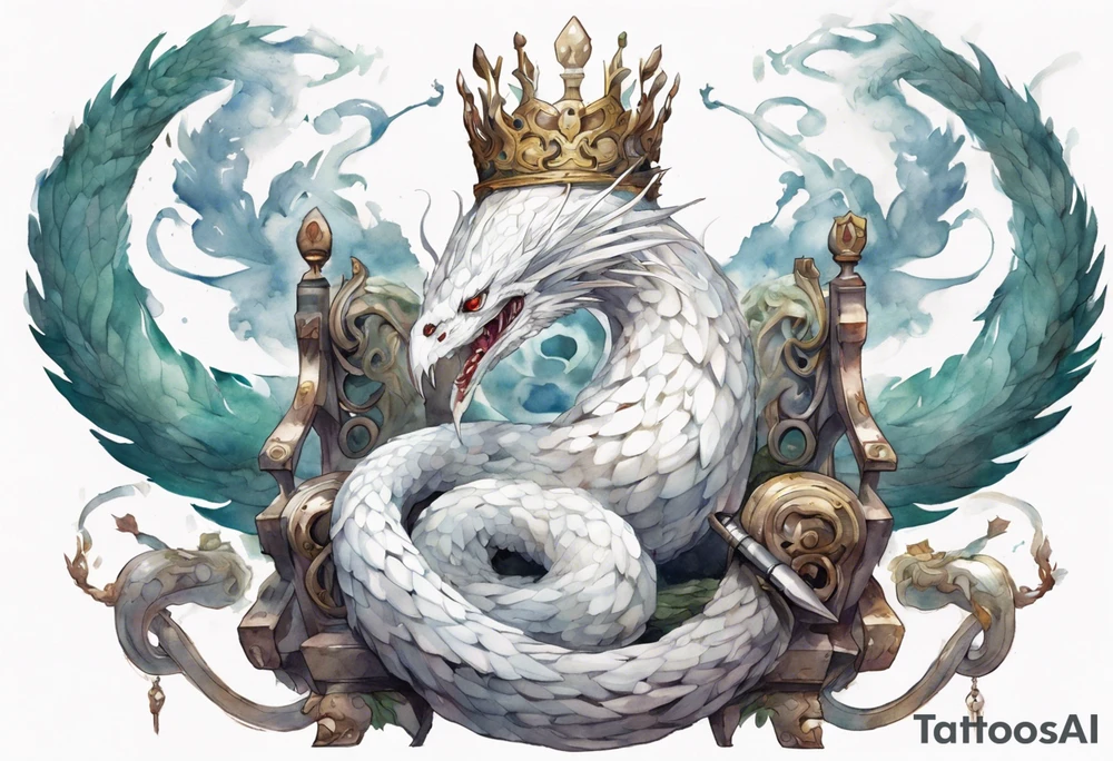 a white bird-serpent hybrid, wearing a iron crown, coiled around a throne tattoo idea