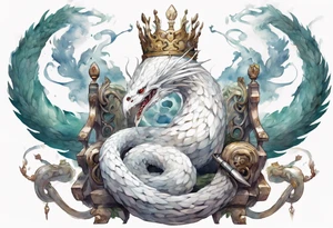 a white bird-serpent hybrid, wearing a iron crown, coiled around a throne tattoo idea