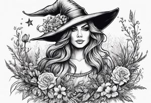 Witch broom with flowers in the straw tattoo idea