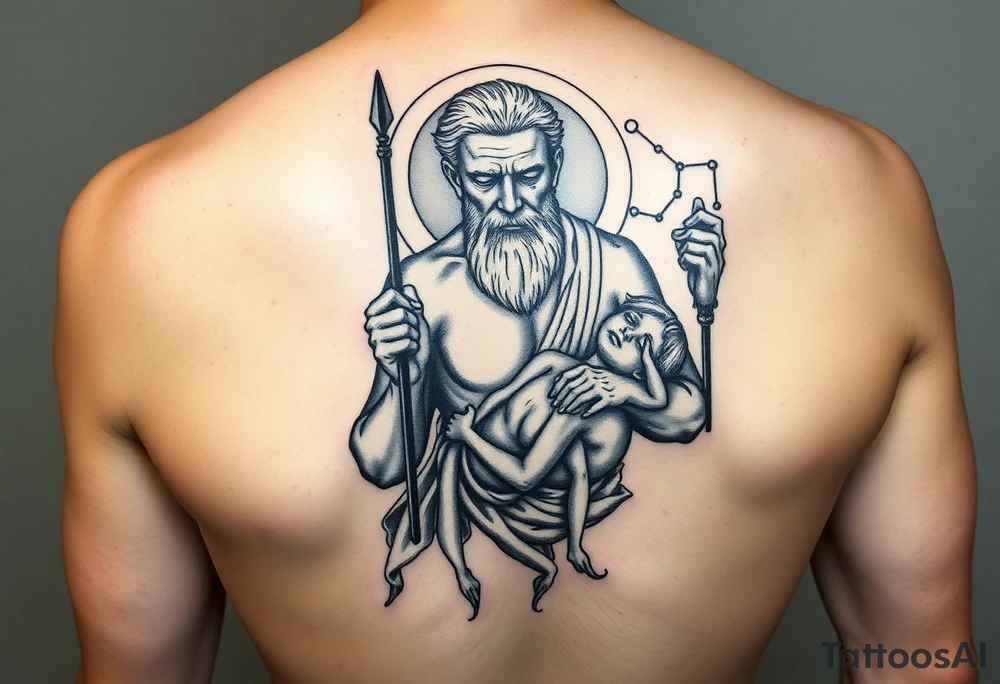 a tattoo design of the Greek God Saturn but older and nearly dying holding his spear in one hand with the Saturn Symbol as the spear head, in his other arms cradling a twin dying younger version of himself. The gemini constellation is in the background behind the Saturn Gods tattoo idea