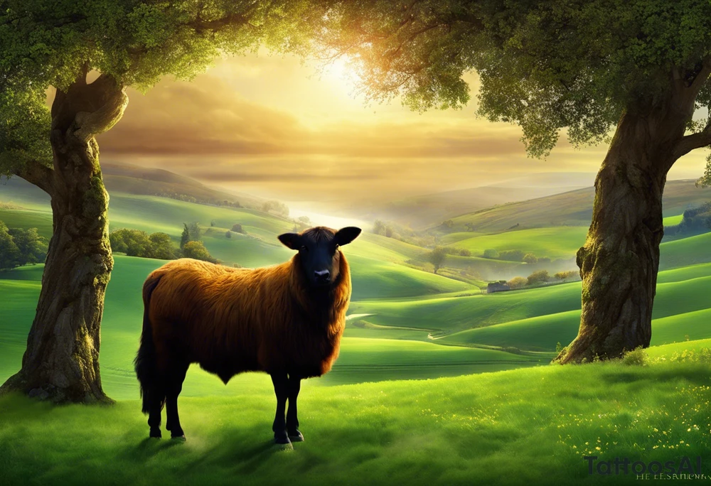 a scroll with the “ The Lord is my shepherd; I shall not want.

2 He maketh me to lie down in green pastures: he leadeth me beside the still waters.

3 He restoreth my soul: he leadeth me in the paths of righteousness for his name's sake.

4 Yea, though I walk through the valley of the shadow of death, I will fear no evil: for thou art with me; thy rod and thy staff they comfort me.

5 Thou preparest a table before me in the presence of mine enemies: thou anointest my head with oil; my cup runneth over.

6 Surely goodness and mercy shall follow me all the days of my life: and I will dwell in the house of the Lord for ever.” inside and a halo on tip tattoo idea