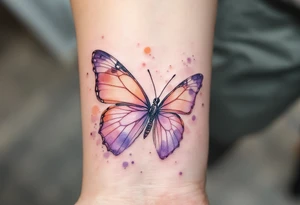Janička framed by a soft watercolor butterfly, in shades of peach and lavender. tattoo idea