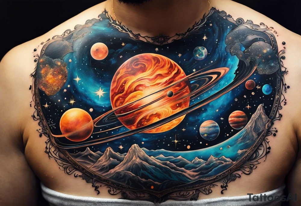 A tattoo featuring a cosmic scene with planets, black holes, and supernovae intertwined with intricate linguistic symbols, reflecting the client's interests in cosmology and linguistics. tattoo idea