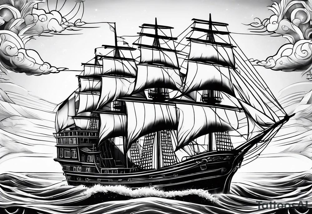 huge wooden ship with sun tattoo idea