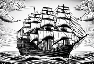 huge wooden ship with sun tattoo idea