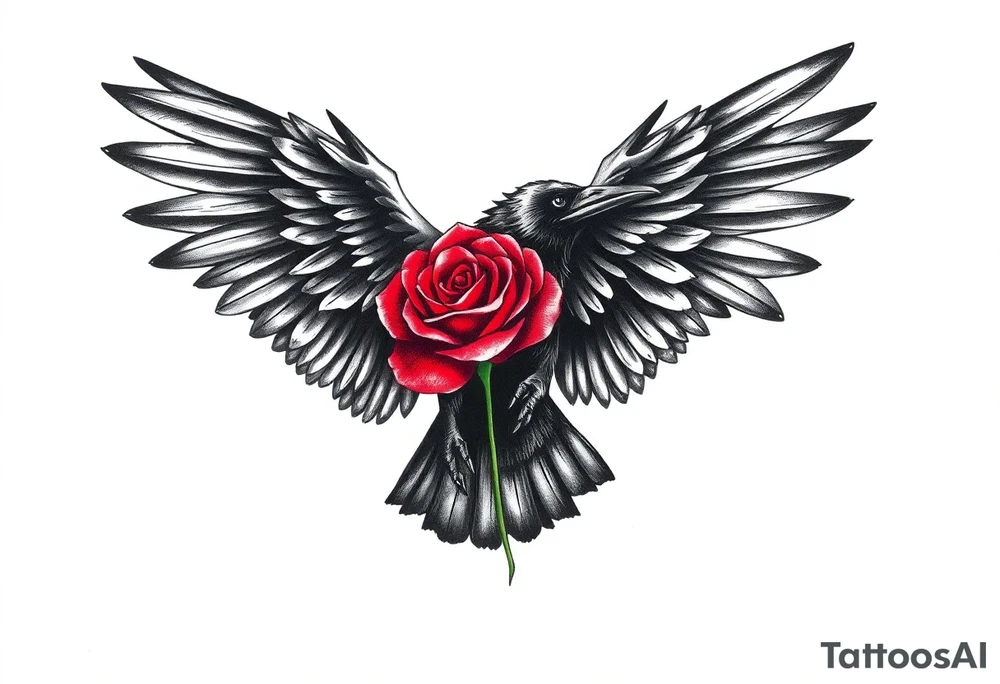 A black crow soaring symmetrically gracefully with its wings fully extended, each feather intricately detailed to capture a sense of movement and depth. In its talons, it gently carries a vibrant red rose, its petals vivid and delicate. The composition blends realism with deep symbolism, representing strength, transformation, and the enduring connection between life, resilience, and the unseen forces that guide and protect. The concept is on a crisp white background. tattoo idea