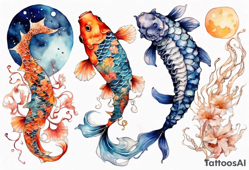 koi carp, jellyfish and a seahorse with the moon tattoo idea