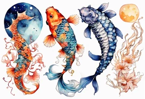 koi carp, jellyfish and a seahorse with the moon tattoo idea