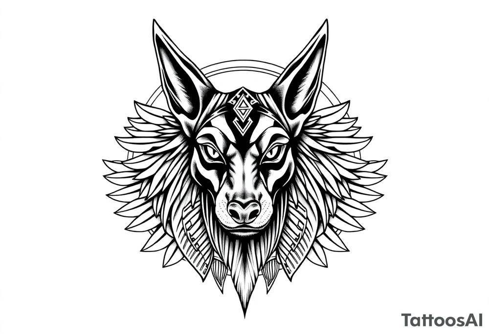 Egyptian Anubis god face muscle in Egypt style dog face surrounded Egyptian symbols based on elements tattoo idea