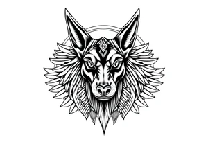 Egyptian Anubis god face muscle in Egypt style dog face surrounded Egyptian symbols based on elements tattoo idea