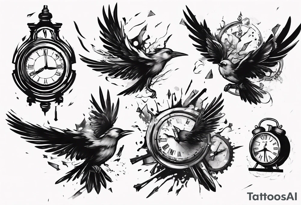 clock explodes and breaks it pieces becoming  birds tattoo idea