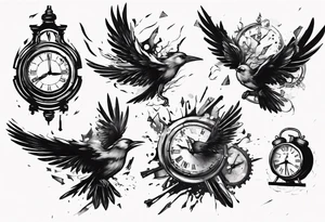 clock explodes and breaks it pieces becoming  birds tattoo idea