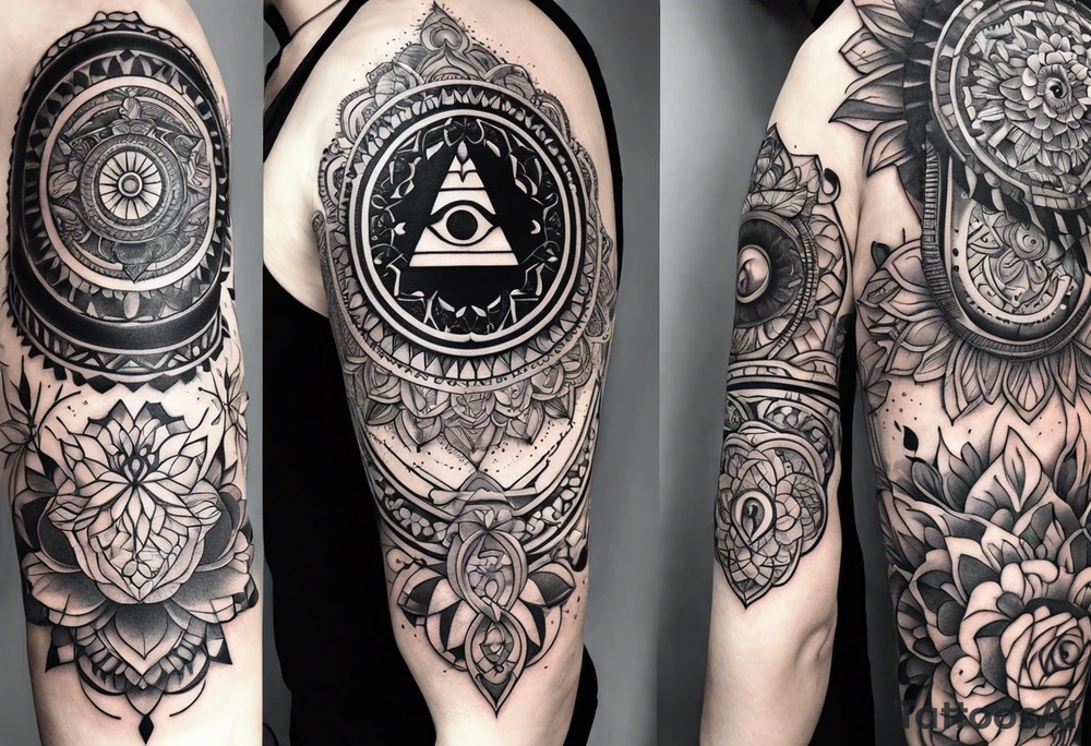 Spiritual mandala tattoo sleeve with 444, eye of Horus, tree of life and butterflies tattoo idea