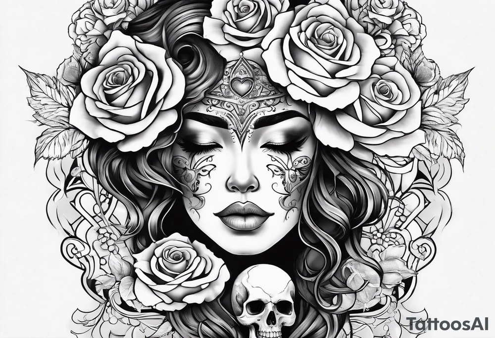 Hispanic/ Latin  woman GODDESS with half skull face, roses, loving heART, strength to move forward cancer zodiac , time heals all tattoo idea