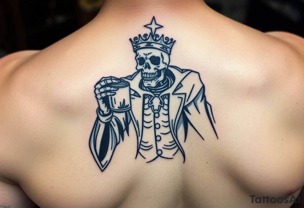 evil skeleton king in clothes getting drunk tattoo idea