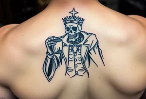 evil skeleton king in clothes getting drunk tattoo idea
