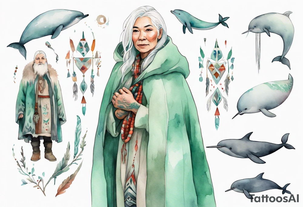 a 45-year-old Sami woman with white  hair wearing a white and mint cloak next to a narwhal tattoo idea