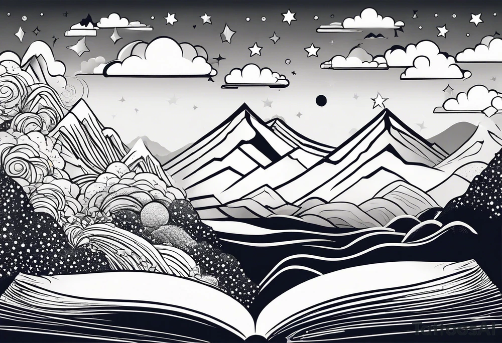 Open book with stars and mountains in a small minimalistic design. Incorporate sushi subtly tattoo idea