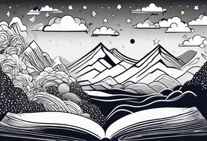 Open book with stars and mountains in a small minimalistic design. Incorporate sushi subtly tattoo idea