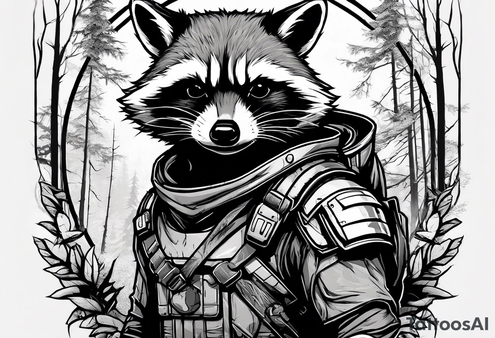 rocket raccoon in a defensive position in a forest tattoo idea