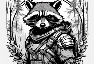 rocket raccoon in a defensive position in a forest tattoo idea