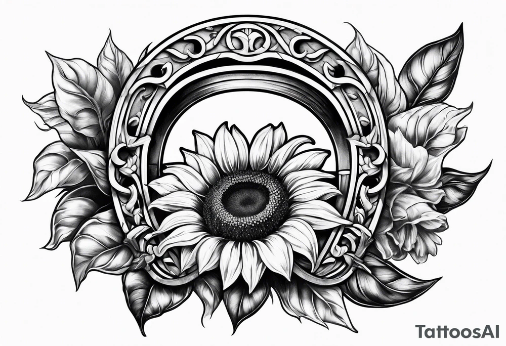 Realistic Horseshoe around a sunflower tattoo idea