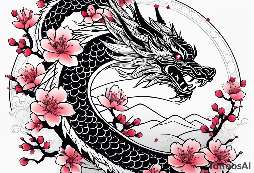 Japanese cherry blossoms dragon minimalist tattoo idea