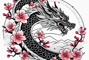 Japanese cherry blossoms dragon minimalist tattoo idea