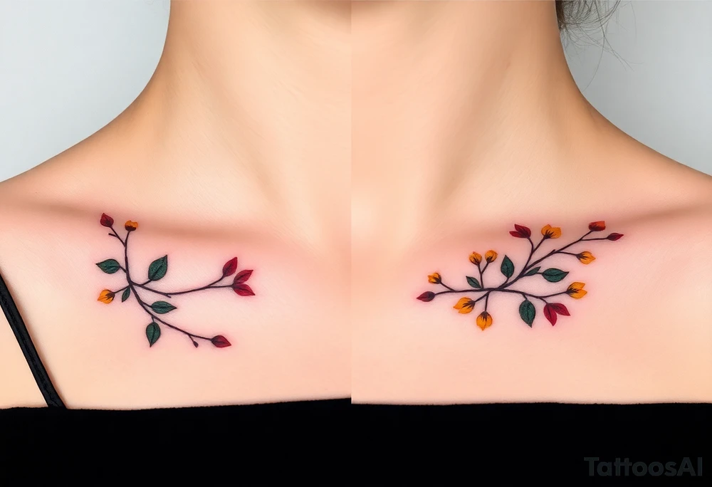 Two separate collarbone tattoos of long, thin stems and branches covered with red, orange, yellow and dark forest green leaves and flowers, muted and light, delicate and gentle but moody, long and thin, following the collarbone. tattoo idea