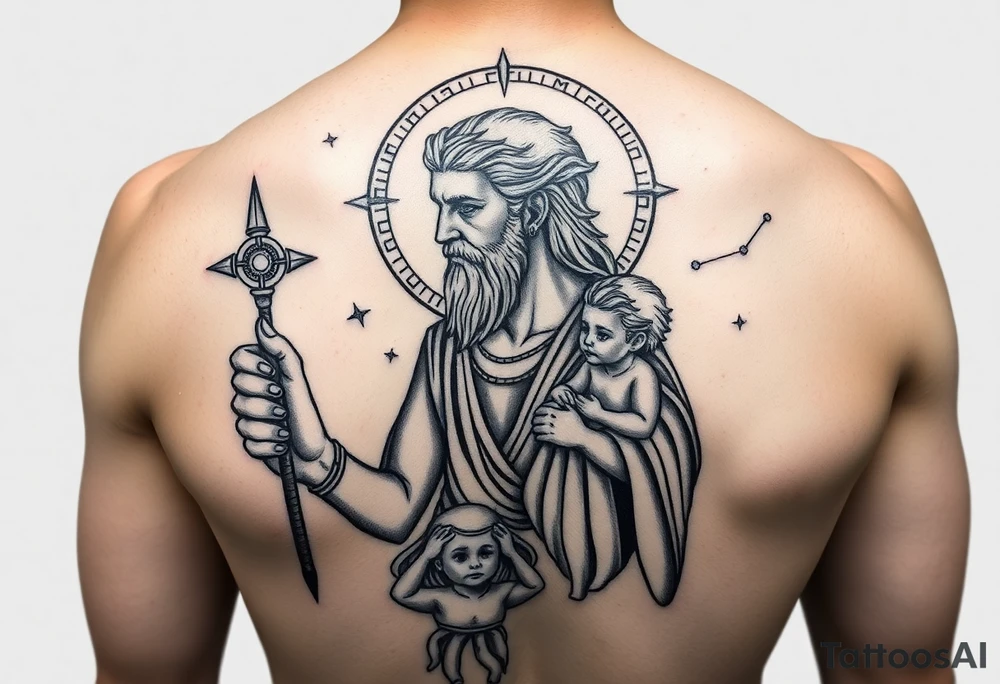 a tattoo design of the Greek God Saturn holding his spear in one hand with the Saturn Symbol as the spear head, in his other arms cradling a twin younger version of himself. The gemini constellation is in the background behind the Saturn Gods tattoo idea