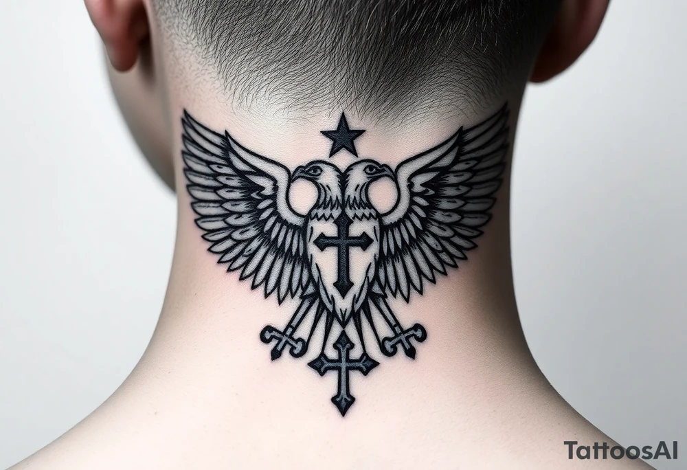Double-headed eagle outline only (no shading) — suits neck skin which ages differently
Star above, small orthodox cross below tattoo idea