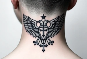 Double-headed eagle outline only (no shading) — suits neck skin which ages differently
Star above, small orthodox cross below tattoo idea