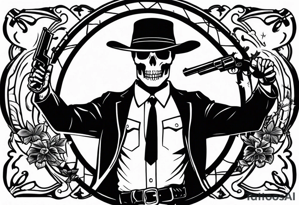 arm tattoo with a western background that has a horseman, skelleton in the middle with a revolver and red dead redemtion hat tattoo idea