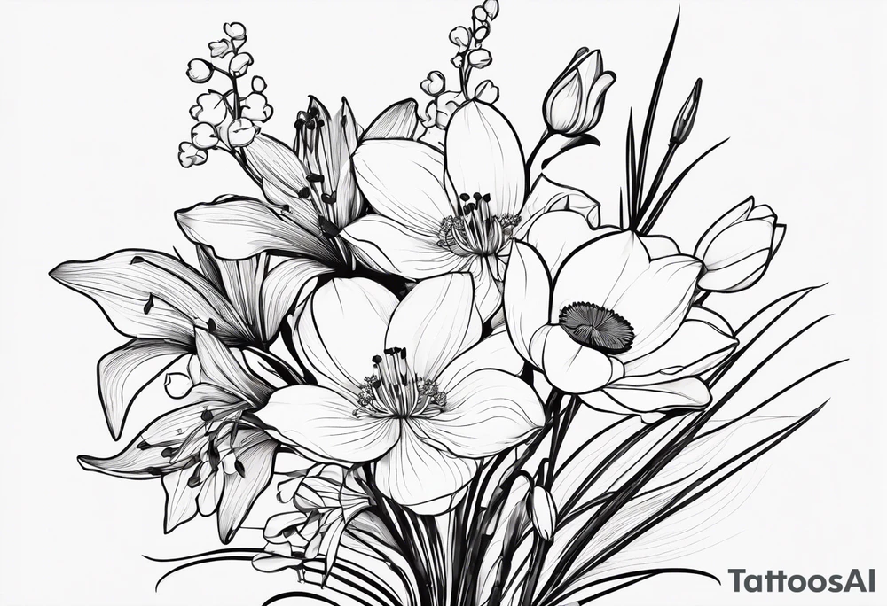 A minimalist line work bouquet of flowers with a water lily, gladiolus, poppy, lily of the valley, daffodil, and a honey suckle. With long stems and tied with a bow tattoo idea