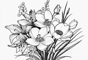 A minimalist line work bouquet of flowers with a water lily, gladiolus, poppy, lily of the valley, daffodil, and a honey suckle. With long stems and tied with a bow tattoo idea
