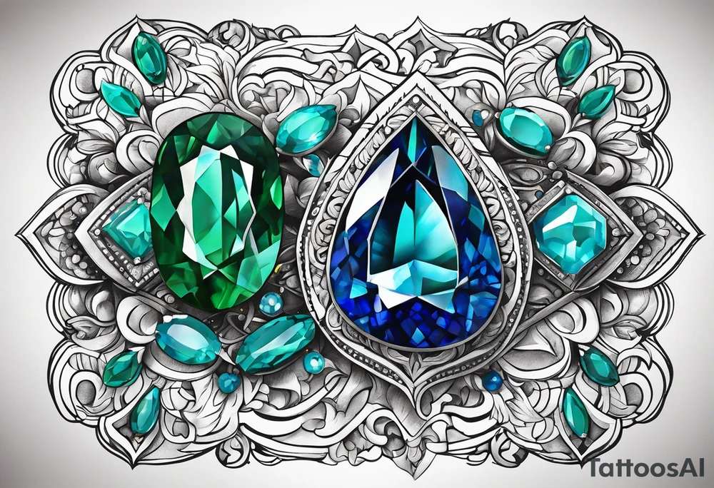 emerald gem, 2 sapphire gems, turquoise gem tattoo idea